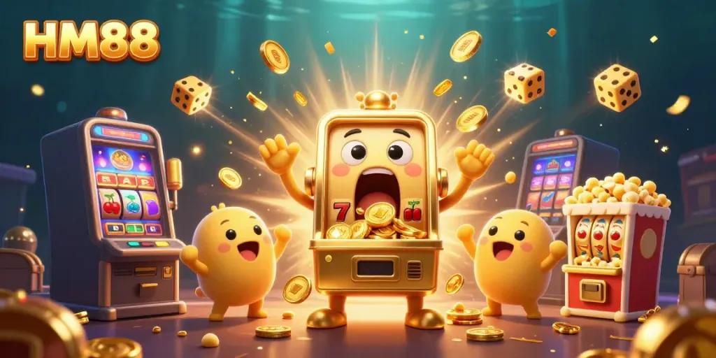 HM88 evokes excitement as a golden slot machine hits a jackpot amidst a vibrant casino scene.