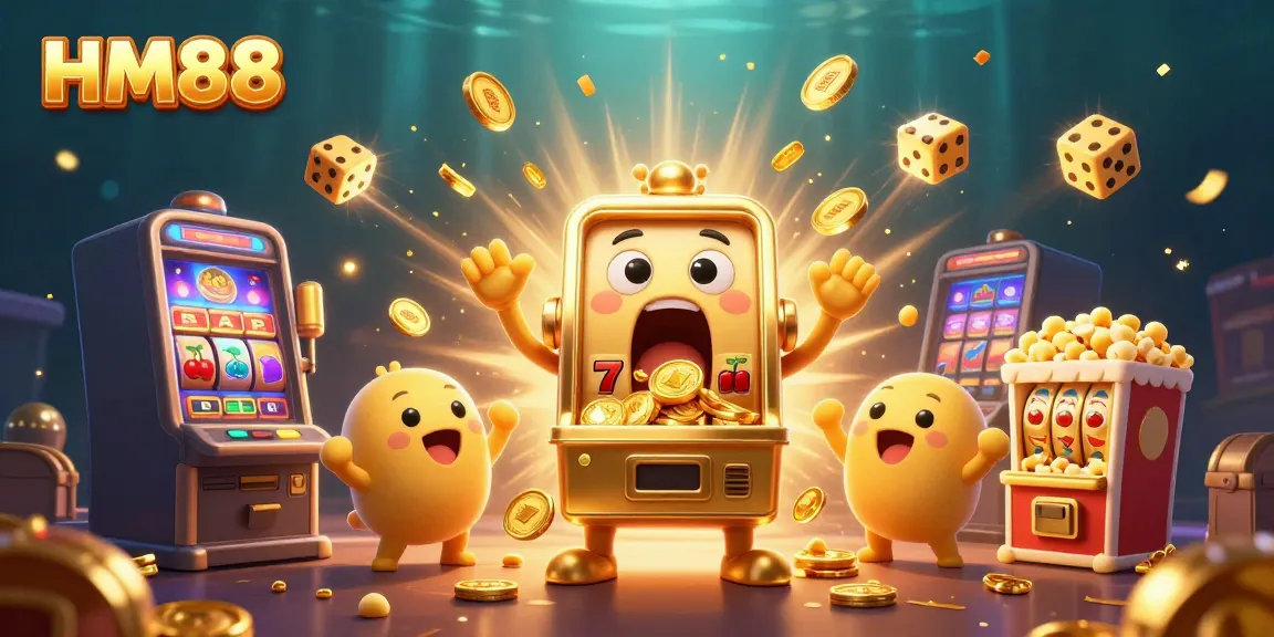 HM88 evokes excitement as a golden slot machine hits a jackpot amidst a vibrant casino scene.