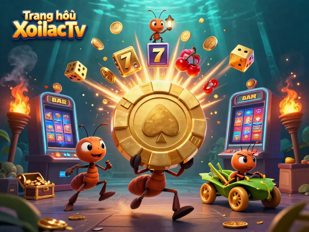 Experience the excitement of Trang chủ XoilacTv as ants carry a massive poker chip through a vibrant casino scene.