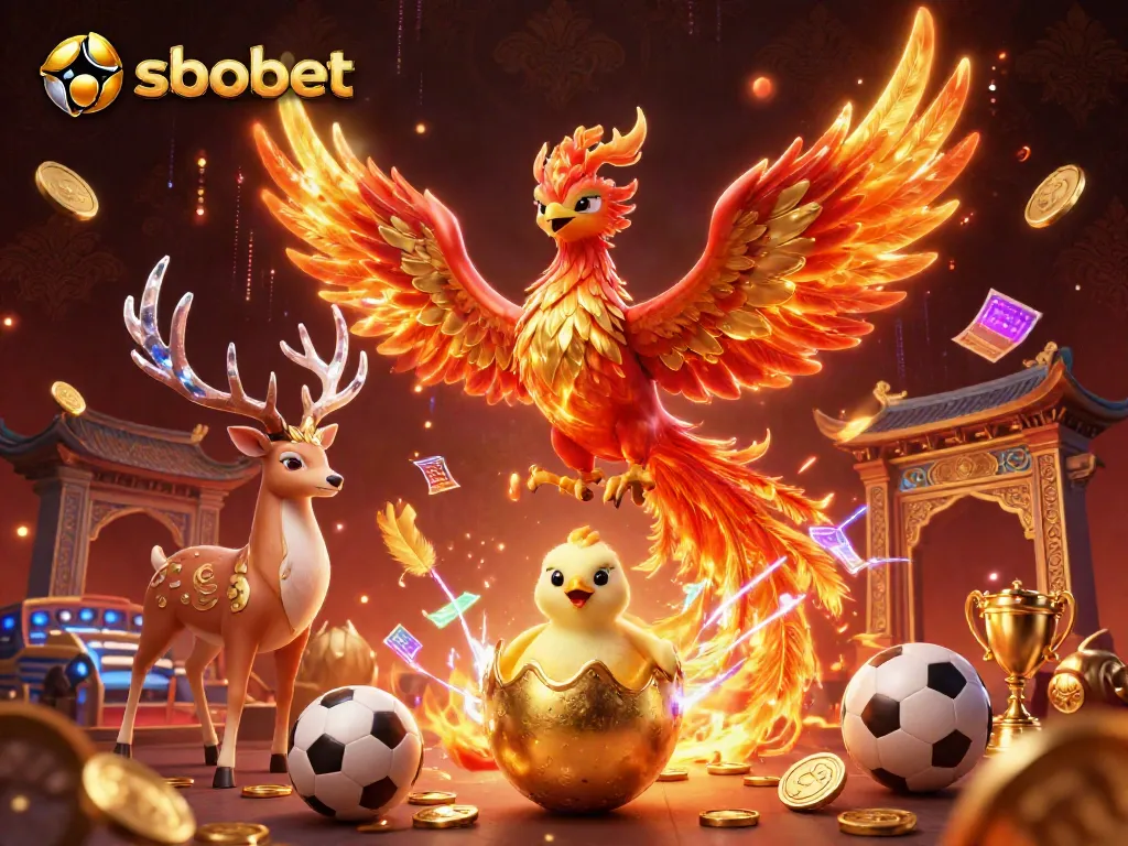 Menang taruhan sbobet dengan ilustrasi Kasino penuh warna dan phoenix legendaris.
