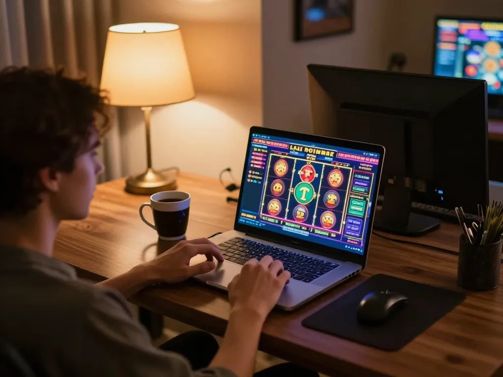 Engaging with xx88 online slots on a cozy gaming setup with warm lighting.