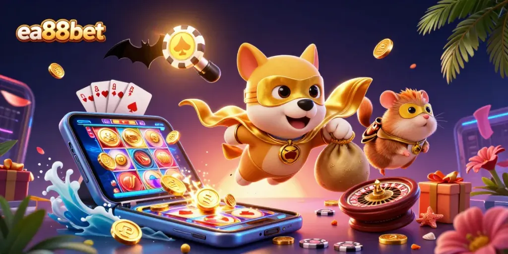 Play thrilling games with ea88bet, featuring a superhero dog and hamster in an exciting casino scene.