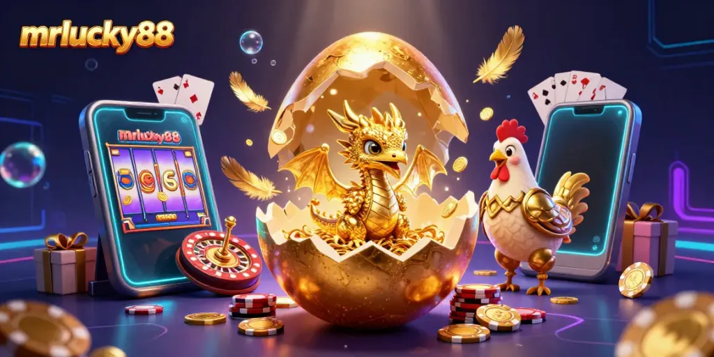 Experience big wins at mrlucky88 with a stunning 3D illustration of a golden dragon emerging from a nest of poker chips.
