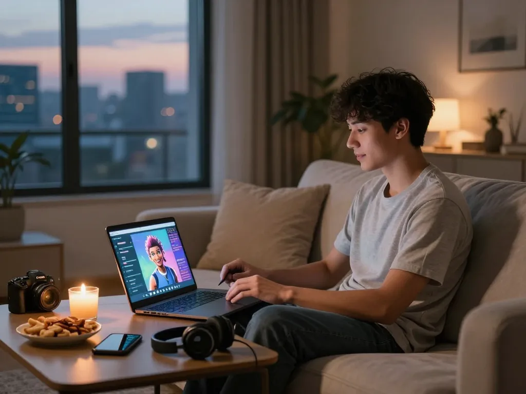Engaging scene of a young man enjoying 18+ ai character chat in a cozy living room setting.