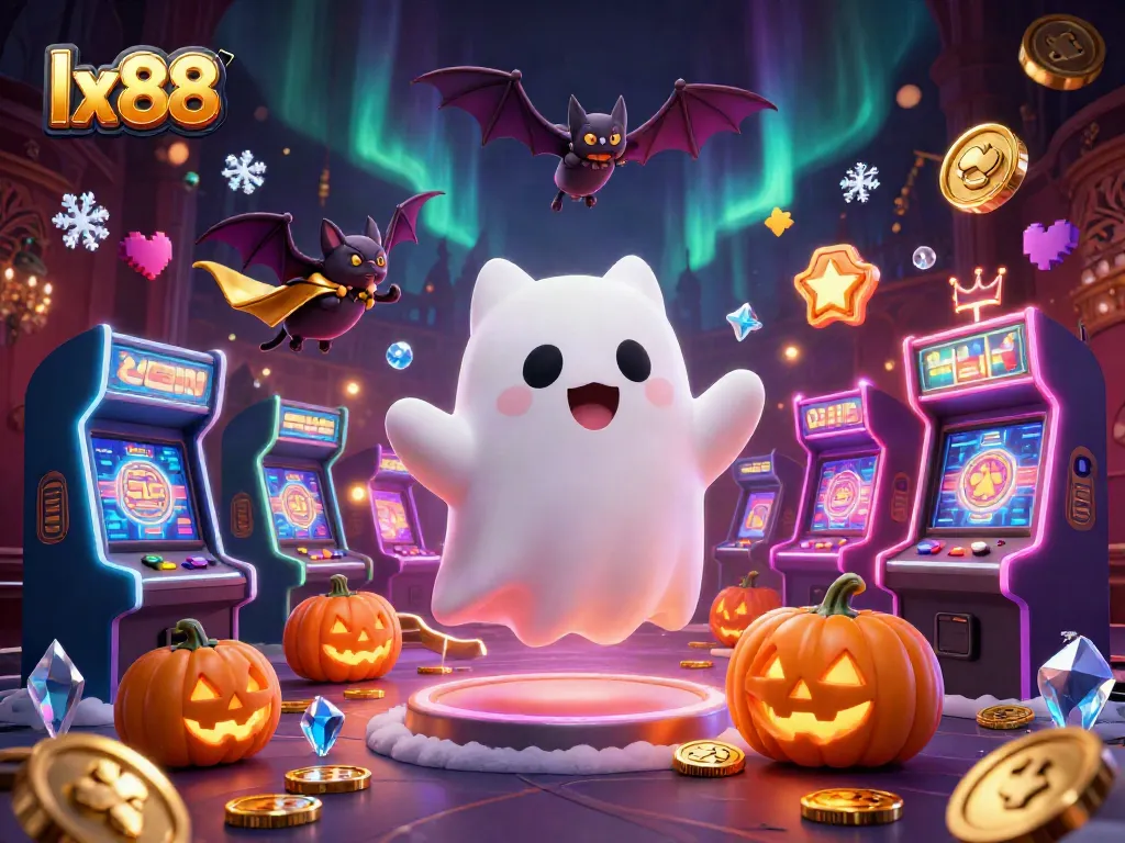 lx88: float with a ghostly cat and a bat in a lively haunted casino scene