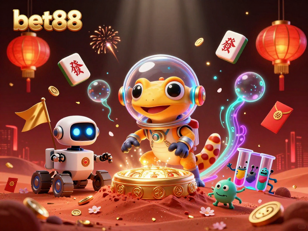 Experience thrilling gambling action at bet88 with 3D cartoon characters exploring a golden casino.