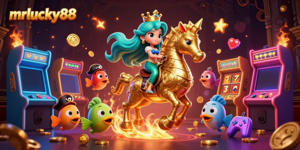 Spin the reels at MrLucky88, featuring a vibrant mermaid princess and dynamic casino elements.