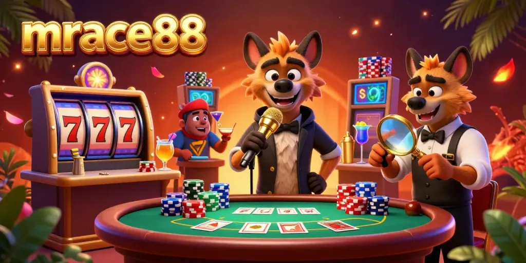 Experience excitement at mrace88 with hyenas running a colorful casino filled with vibrant games.