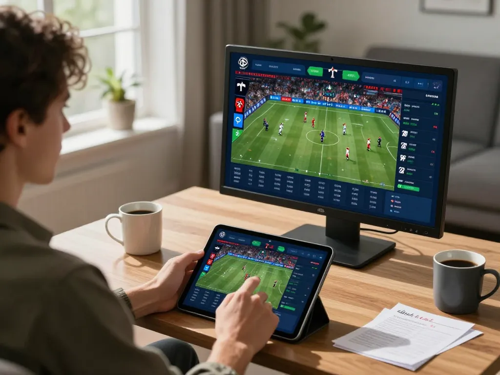 Player engaging in online sports betting with LLWIN on a tablet in a modern home