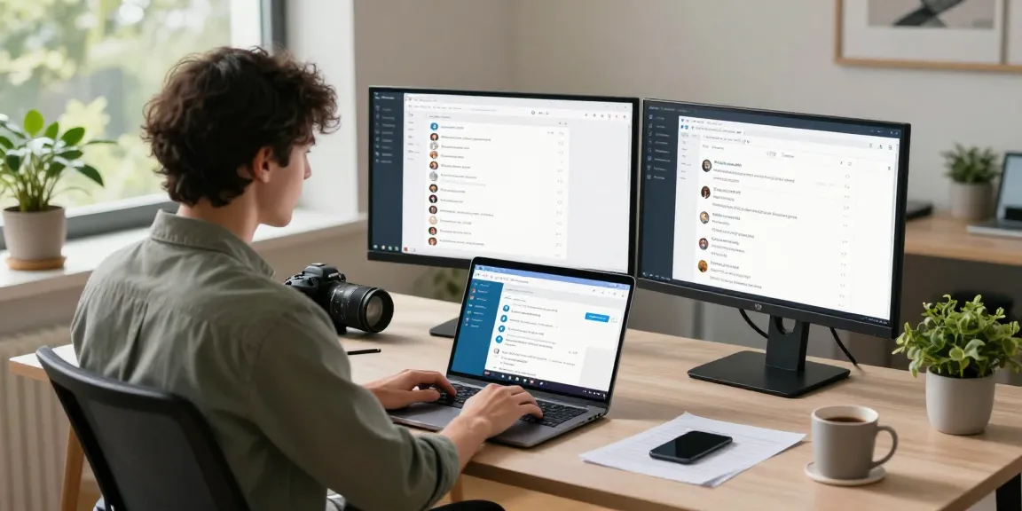 Engaged user utilizing Telegram网页版 in a stylish home office setup with multiple screens and natural lighting.