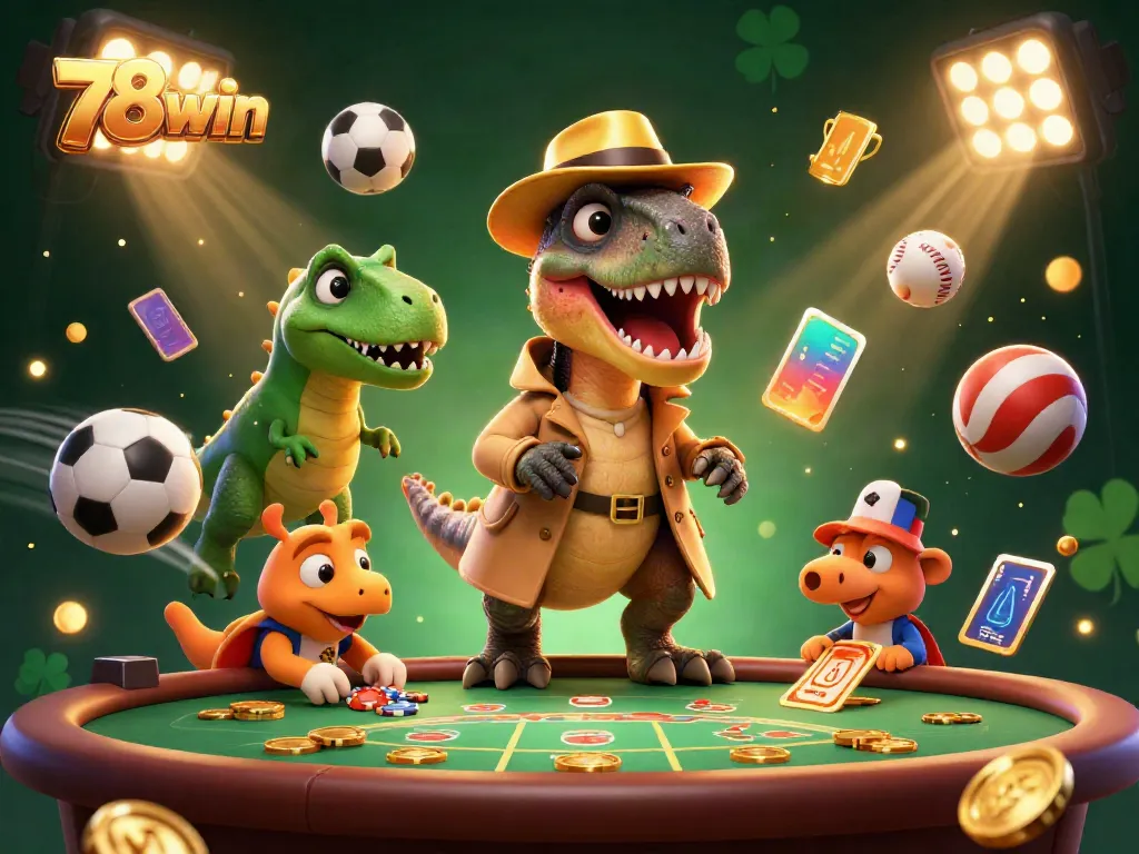 Exciting scene depicting 78win's velociraptor card counter and stegosaurus pit boss at a blackjack table amidst dynamic sports elements.