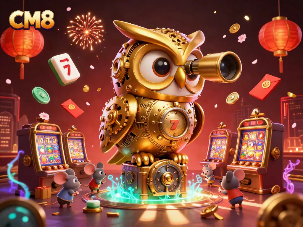 Experience the thrilling casino atmosphere with the CM8 immersive illustration of gold-colored owl and vibrant gaming elements.