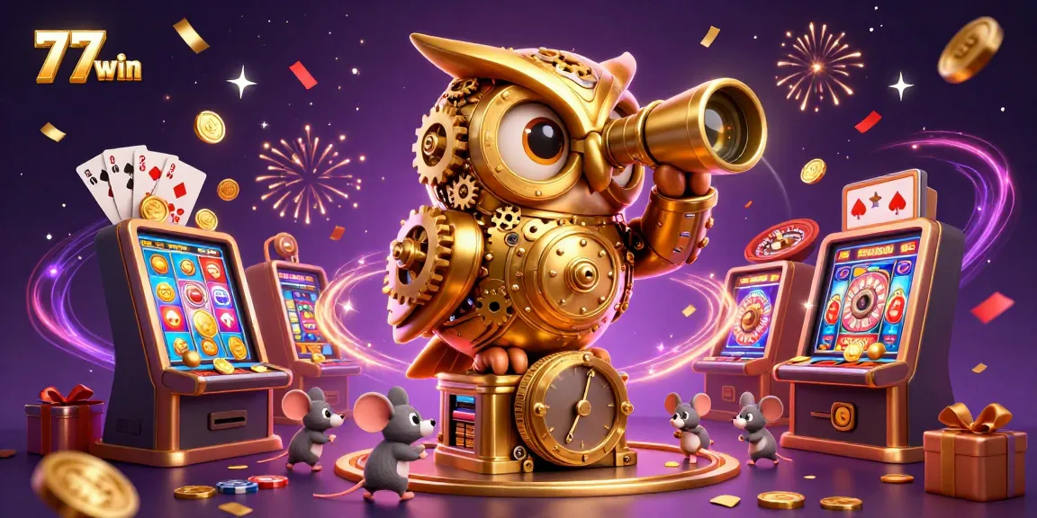 Experience the thrills of 77win in this dynamic casino scene with colorful games and intriguing characters.