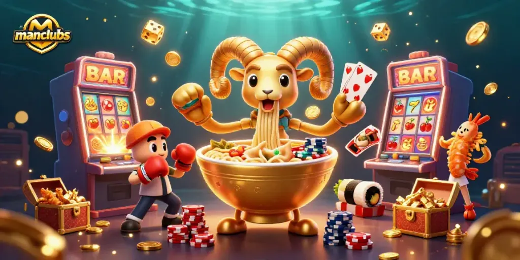Engage with manclubs' casino activities featuring a lively ramen bowl character surrounded by cheerful casino elements and jackpots.