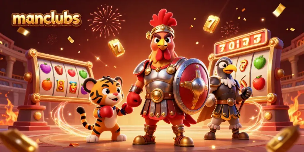 Engage with thrilling manclubs action featuring a gladiator rooster, sparring tiger cub, and dynamic casino elements.