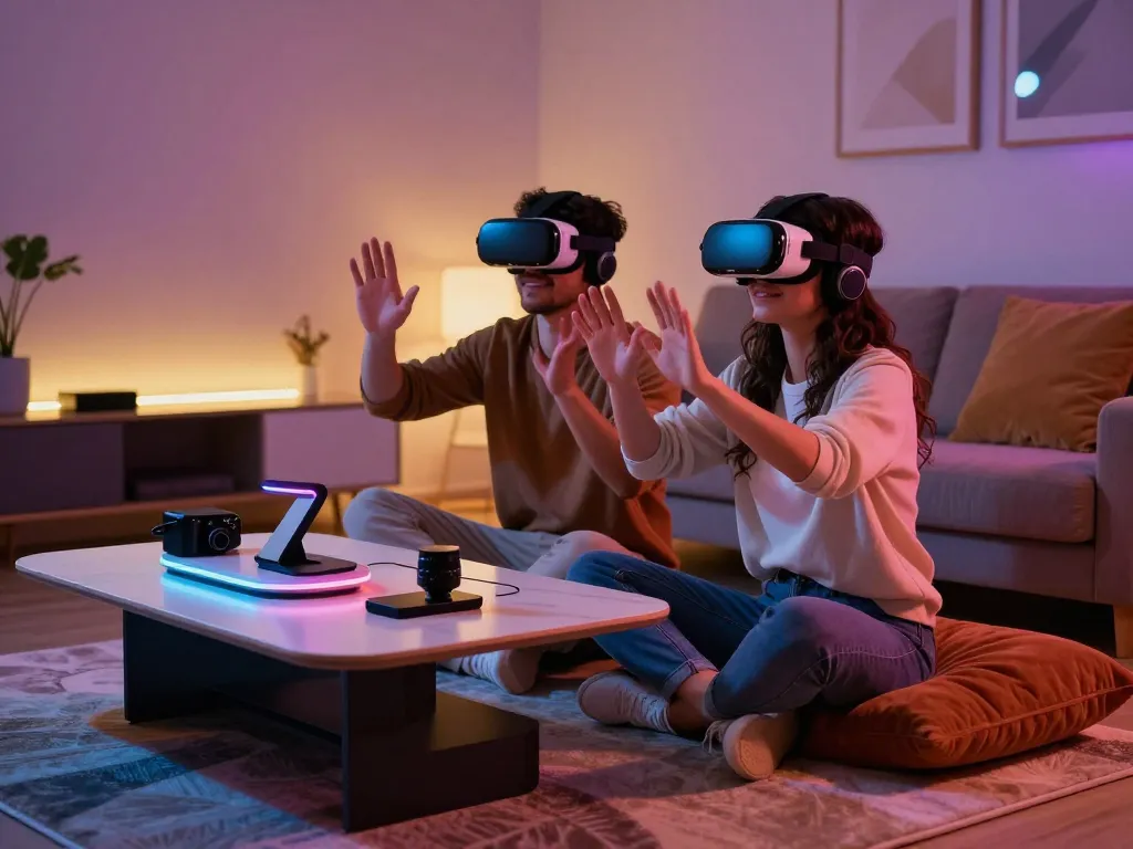 Couple experiencing ai sex in a modern virtual reality setup, showcasing technological intimacy.