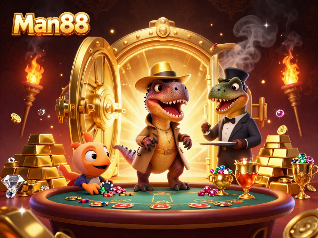 Man88 offers immersive casino action with a thrilling velociraptor card counter and treasure-filled scene.