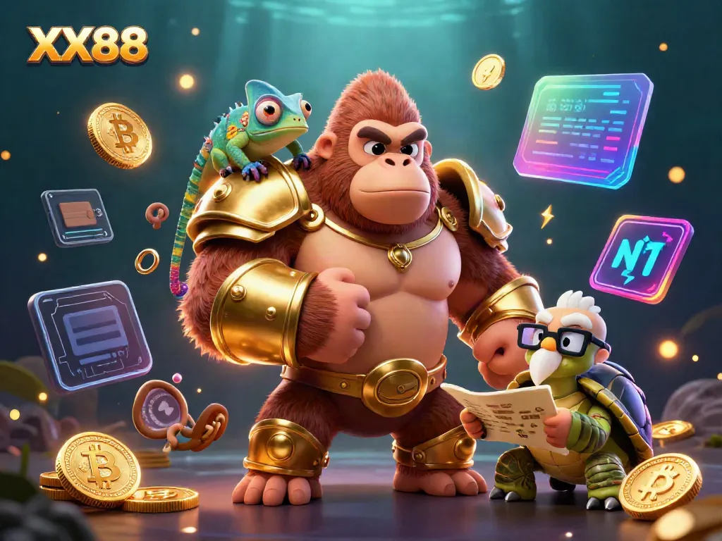 Experience the thrill of gambling with XX88's dynamic 3D characters and digital elements in a vibrant casino scene.