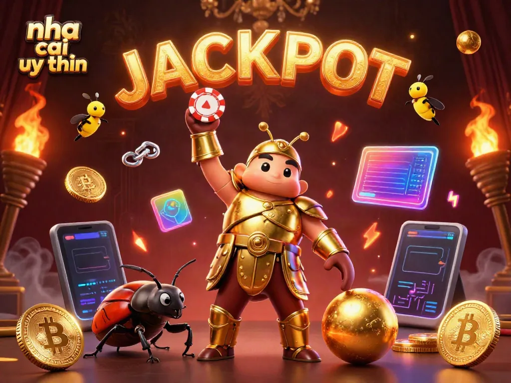 Witness the victorious hercules beetle lifting a poker chip for a nha cai uy tin, surrounded by vibrant casino elements and fireflies.