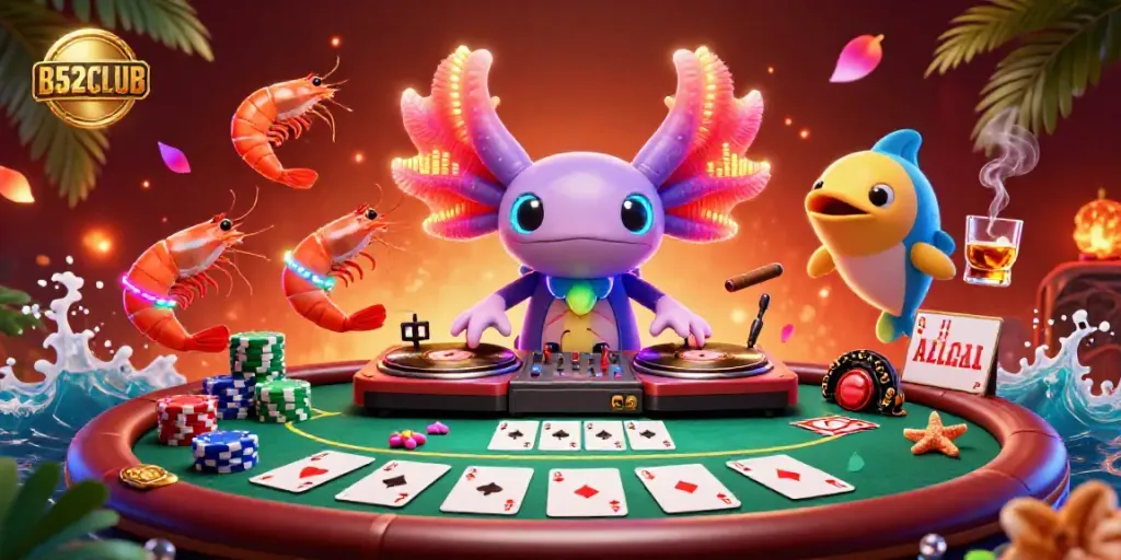 Join the B52CLUB excitement with a lively underwater casino scene featuring vibrant characters and rich gaming elements.