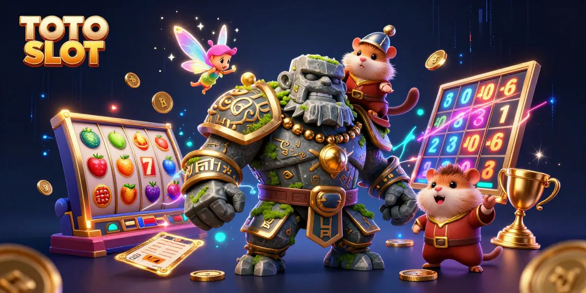 TOTO SLOT showcases a magical 3D scene with a golem guardian and fairy, enhancing the gaming excitement.
