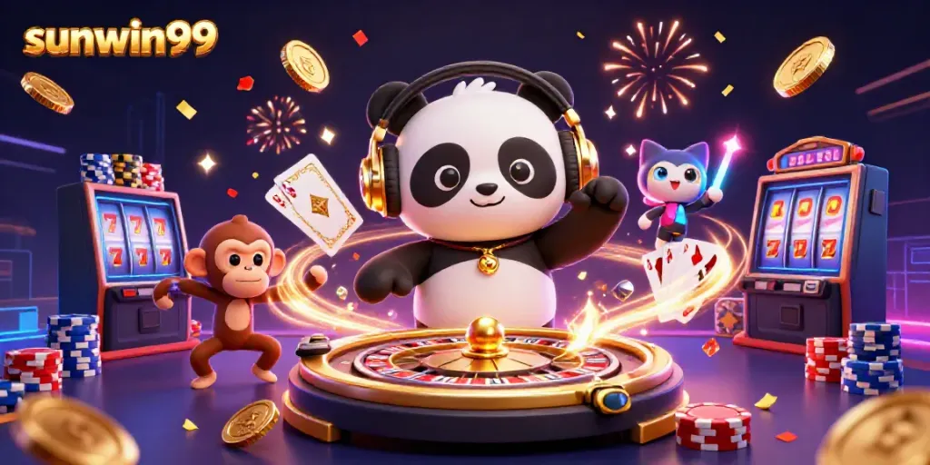 Experience the thrilling world of sunwin99 with a lively casino scene featuring a DJ panda and colorful characters.