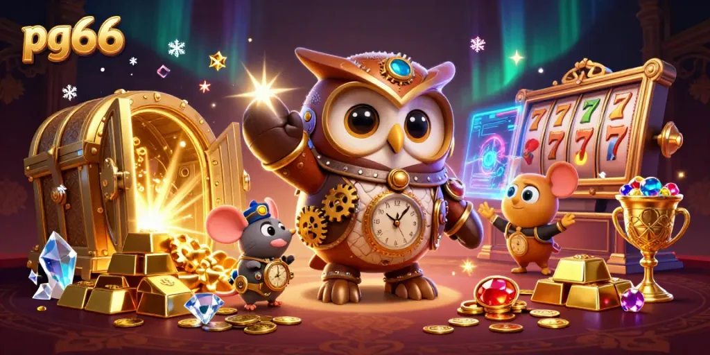 Experience exciting gameplay at pg66 with a vibrant scene of time-traveling characters and casino treasures