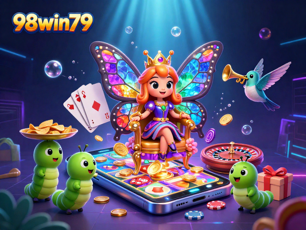 Experience excitement with 98win79's vibrant gambling scene featuring a butterfly queen and dynamic casino elements.