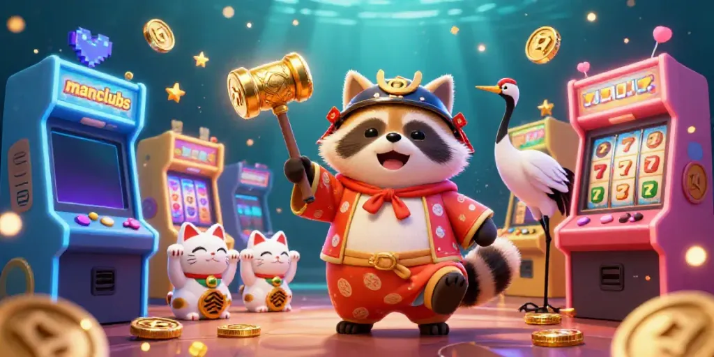 Engage with manclubs as the tanuki strikes a lucky pose among vibrant gambling elements.