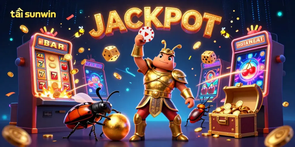 Experience the thrilling world of tải sunwin with 3D beetle characters celebrating a jackpot amidst dynamic casino elements.