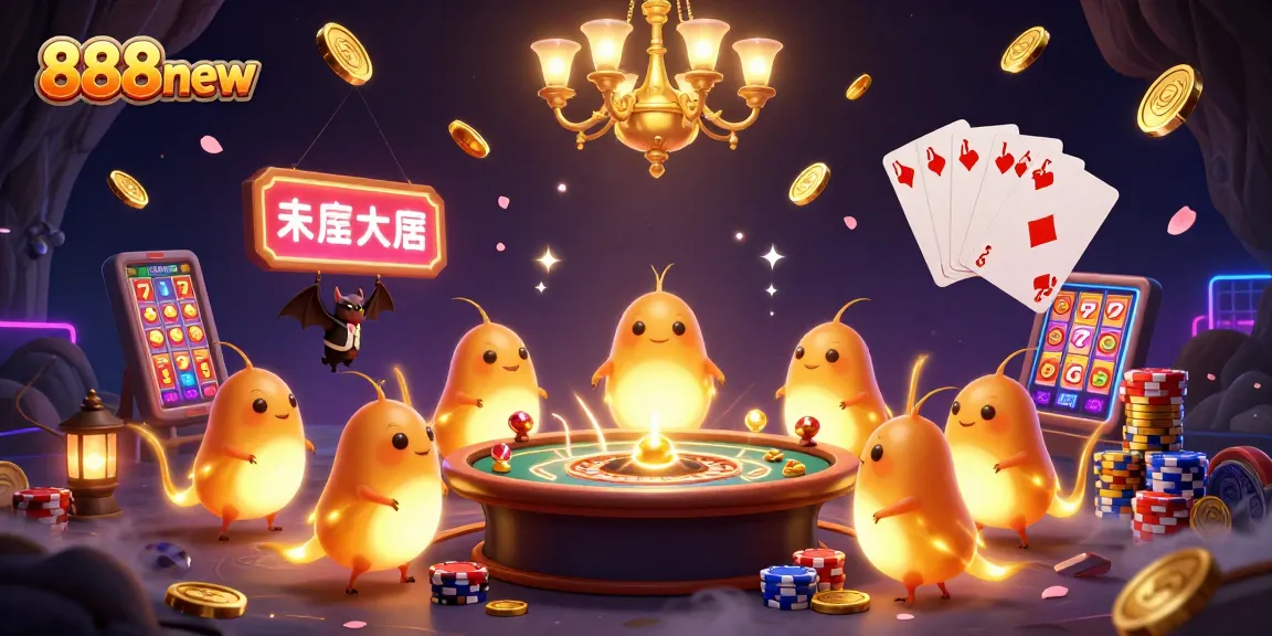 Gamblers enjoy adventures at 888new as glowworms illuminate a casino scene with vibrant energy