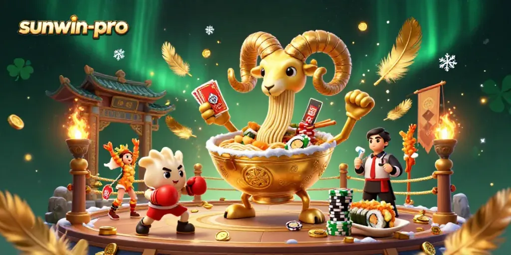 Engage with sunwin-pro's thrilling casino atmosphere featuring animated ramen bowl characters and sparkling game elements.
