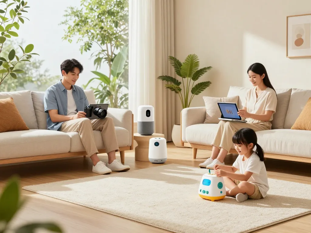 Family exploring innovative tech gadgets for home in a bright living room.