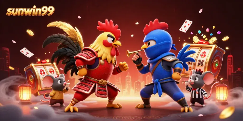Engage in thrilling action with sunwin99 as roosters battle in a colorful gambling showdown.