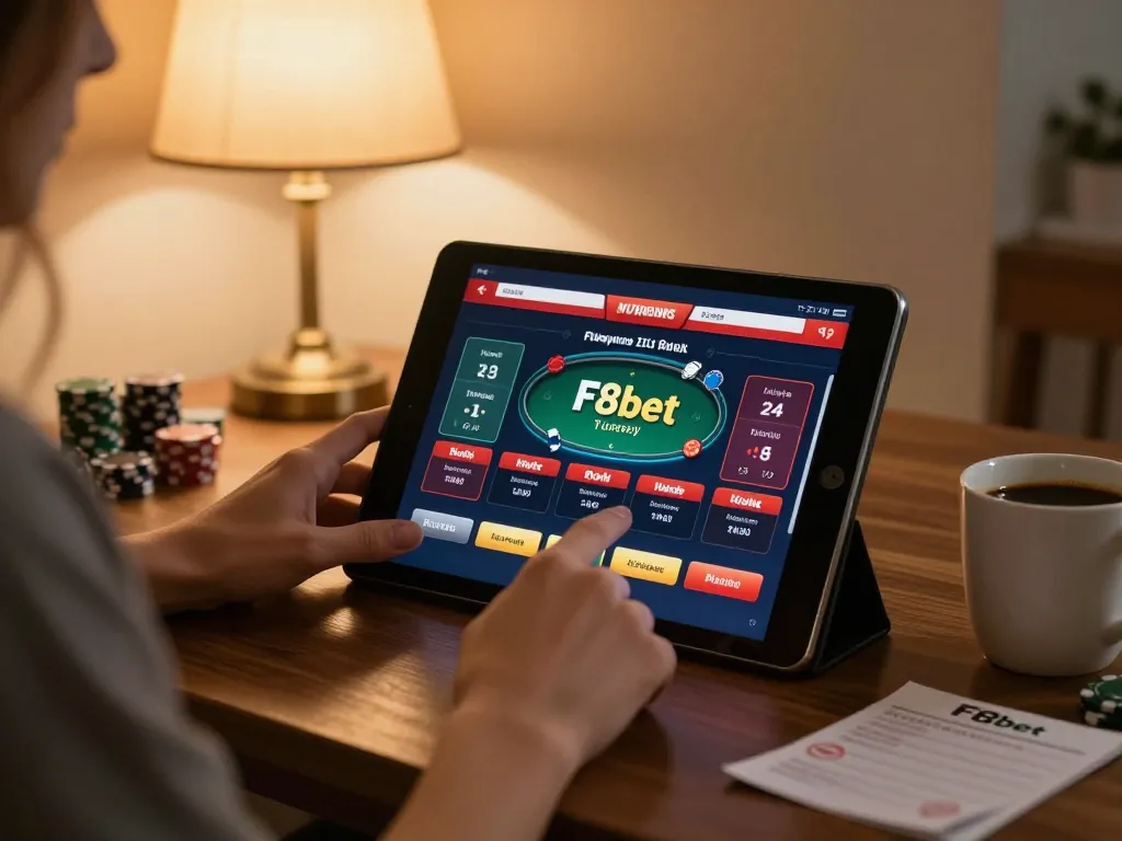 Engaged player enjoying F8bet luxury poker game on tablet in a cozy home environment.