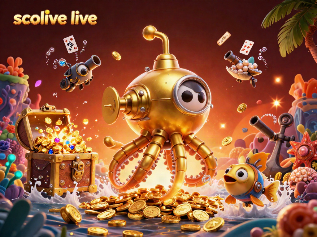 Socolive live showcases an engaging 3D illustration of a kraken submarine surfacing in golden coins, complemented by underwater themed casino elements.