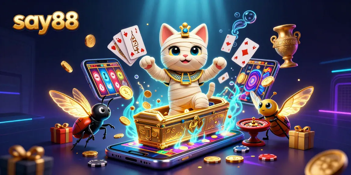 Engage in thrilling gameplay at say88 with cartoon mummy cat and casino elements bursting with color.