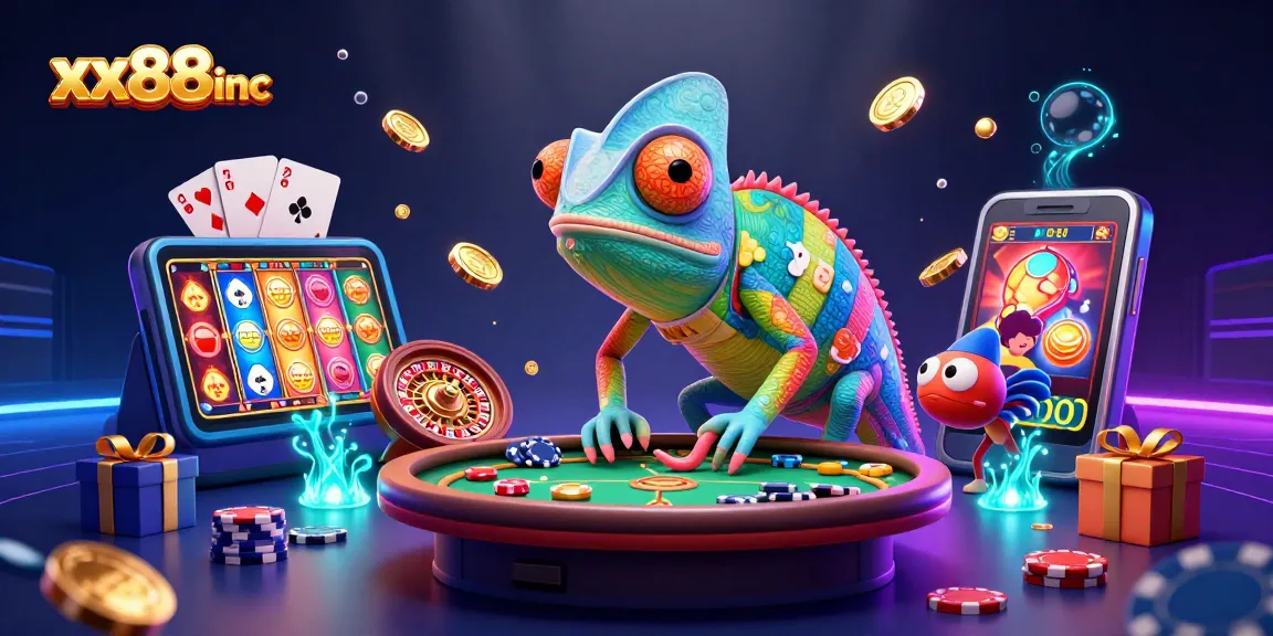 Experience vibrant gaming action at xx88inc with a colorful chameleon casino owner and dynamic slot elements.