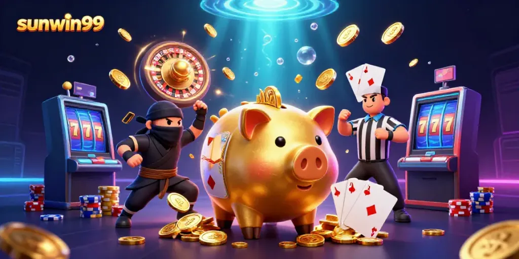 Experience thrilling wins with sunwin99 in this vibrant 3D casino scene featuring exciting gaming action and golden rewards.