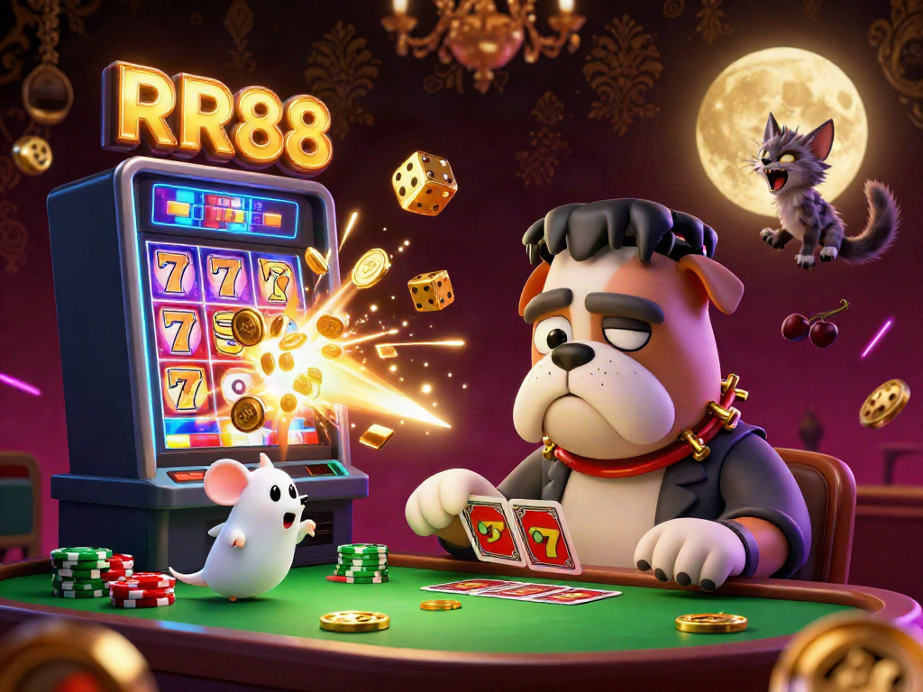 Experience exciting wins at RR88 with vivid casino scenes featuring quirky characters and jackpot bursts.