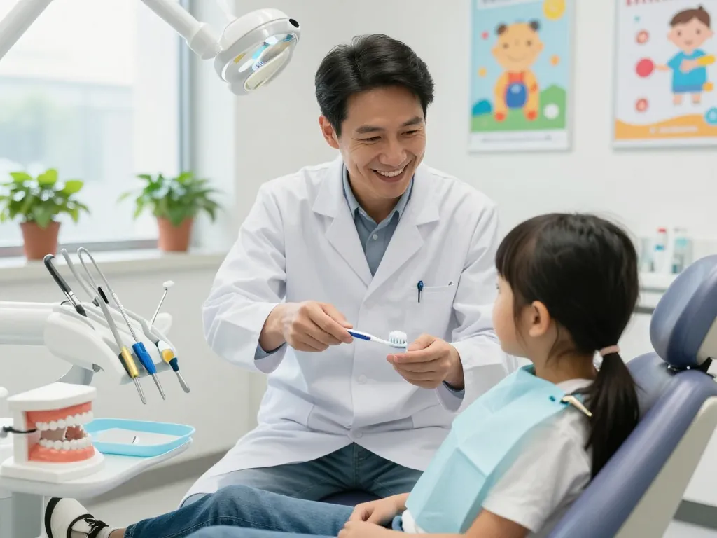 Engaging pediatric dentist explains dental health to a child in a cheerful dental clinic near me.