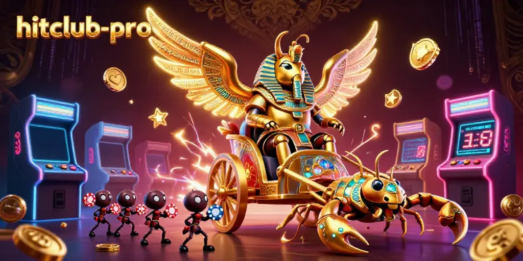 Experience the gaming thrill with hitclub-pro in an extraordinary golden scarab chariot scene.