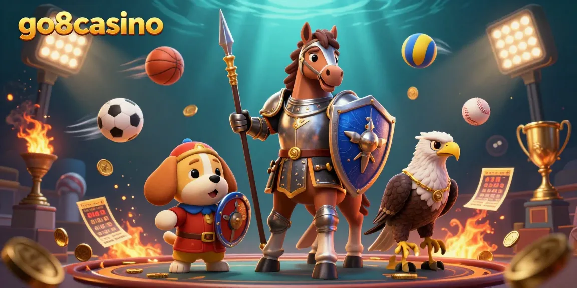 Engage with the thrilling features of go8casino in this vibrant 3D gaming illustration showcasing dynamic sports elements.