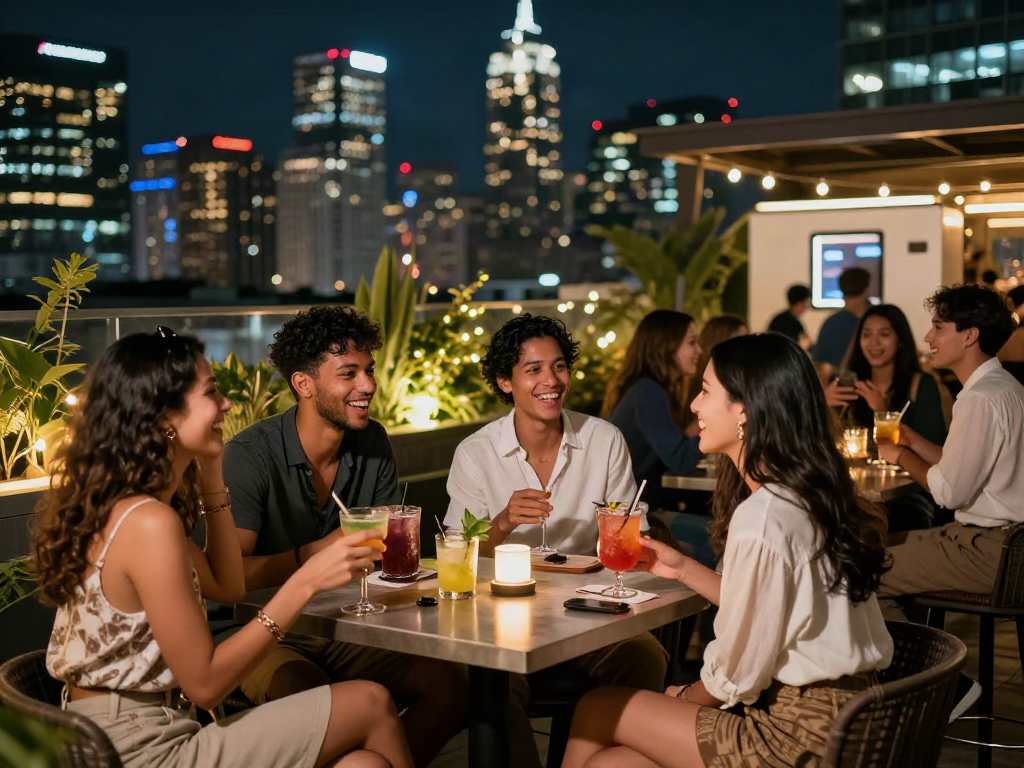 Friends enjoying the nightlife at a rooftop bar in the vibrant city, showcasing rokok88's exciting social scene.