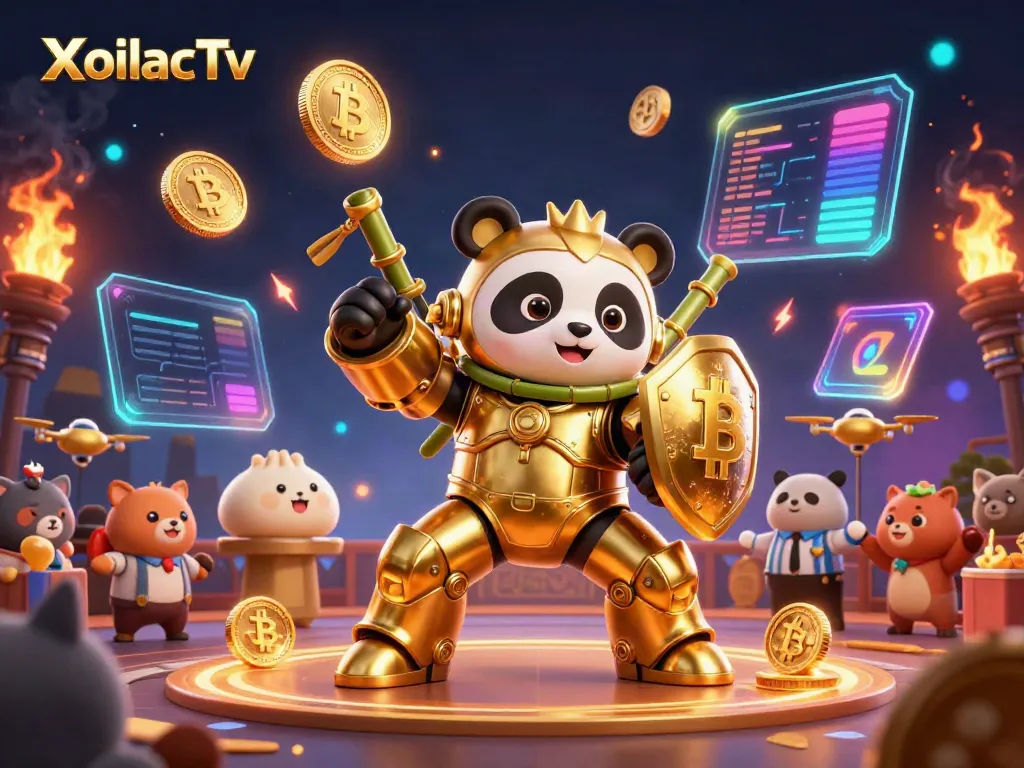 XoilacTv showcases a dynamic 3D casino battle scene with a golden panda robot amidst crypto coins.