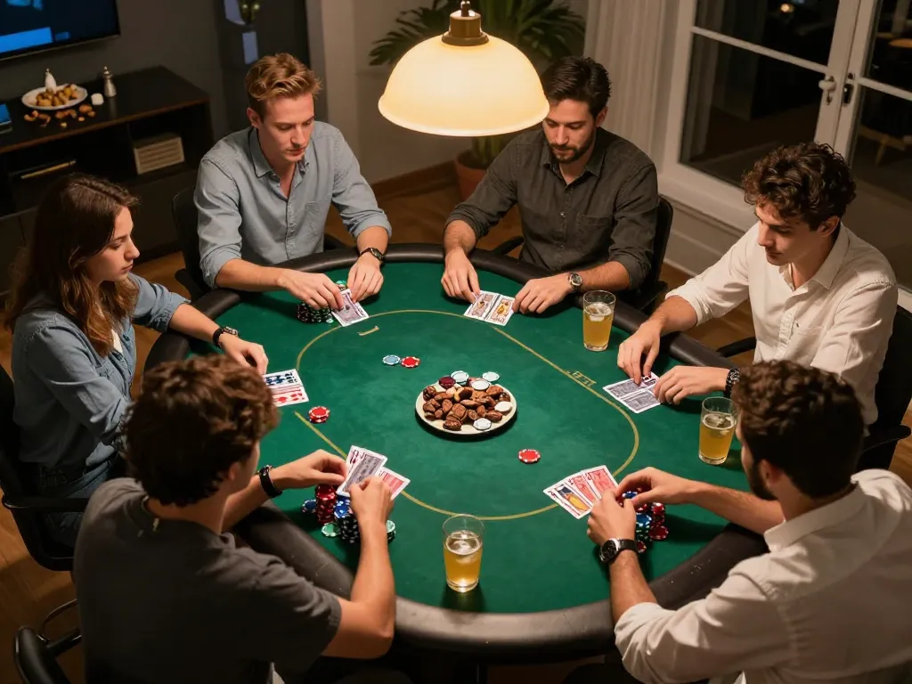 Friends enjoying a competitive poker game night at home, highlighting the F8BET spirit of fun and strategy.