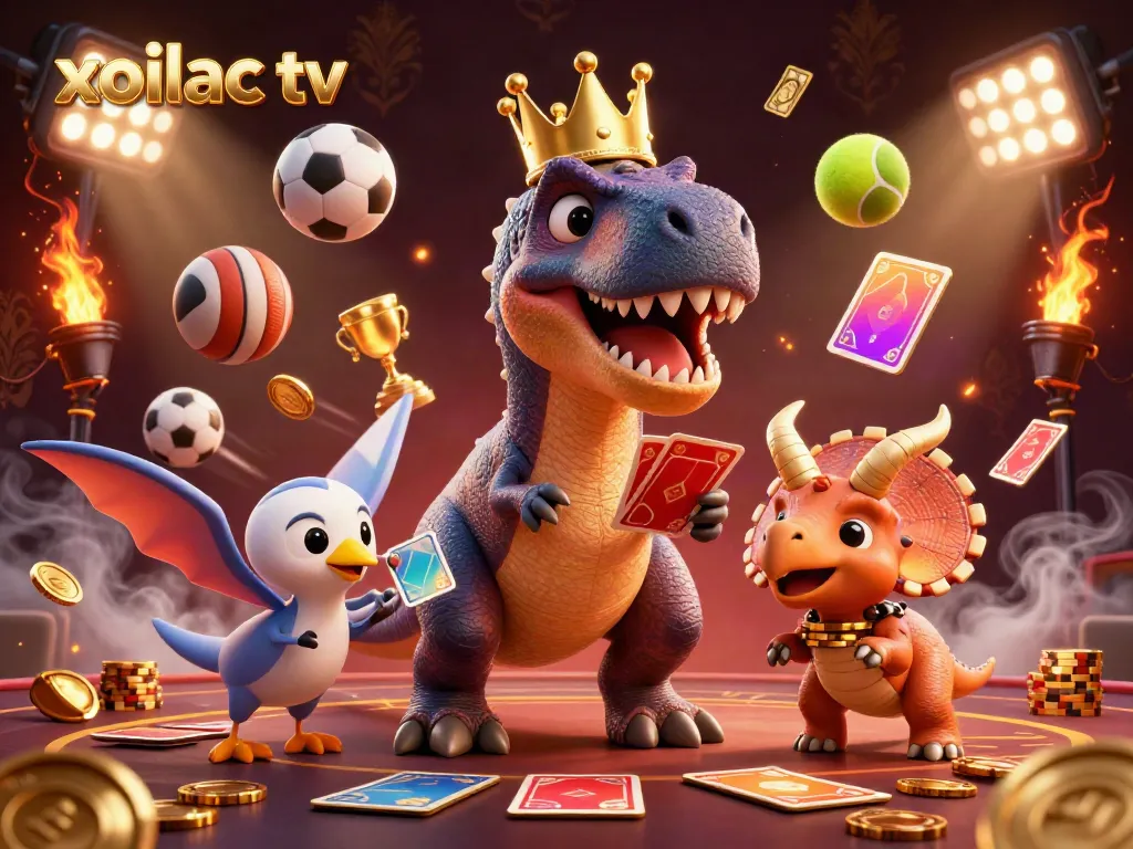Experience the excitement of xoilac tv with a T-Rex shuffling cards and a Triceratops stacking chips in a dynamic casino scene.