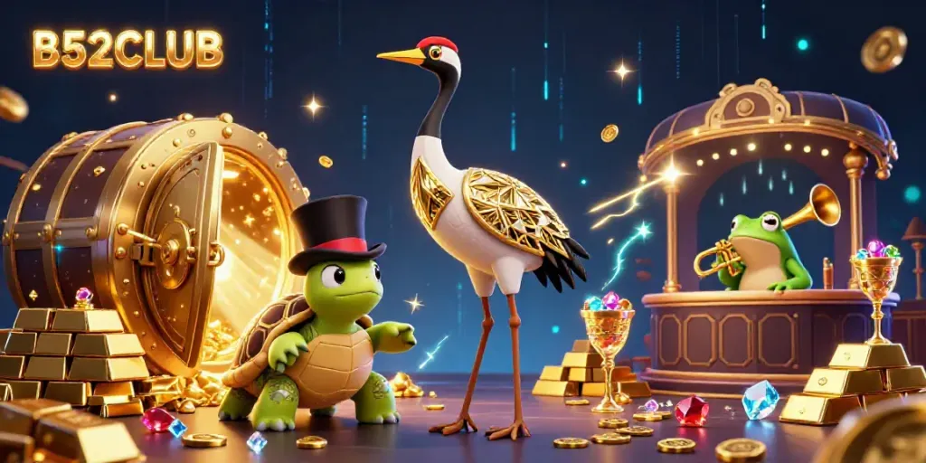 B52CLUB invites excitement with characters in a dazzling casino scene filled with gold, gems, and action.