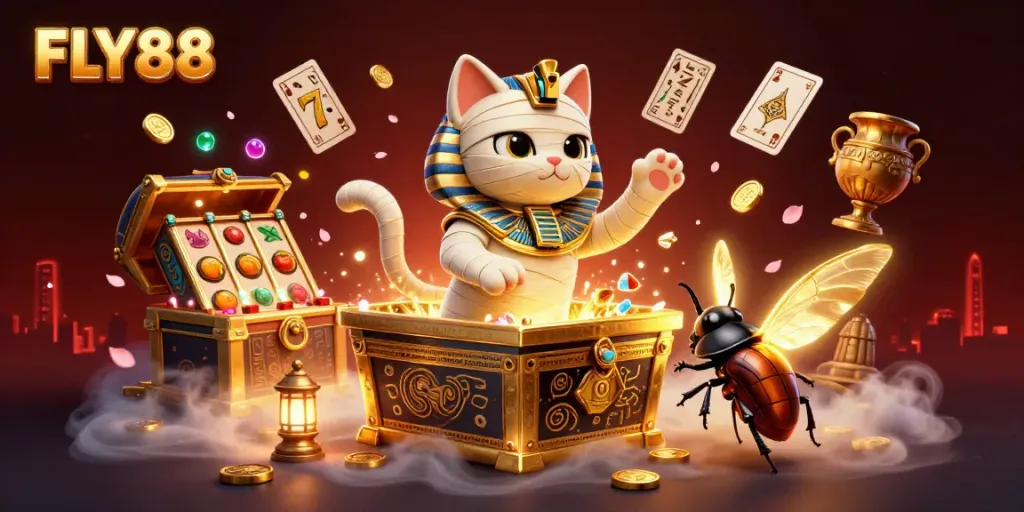 FLY88 reveals an Egyptian mummy cat bursting from a golden sarcophagus, surrounded by vibrant casino elements.