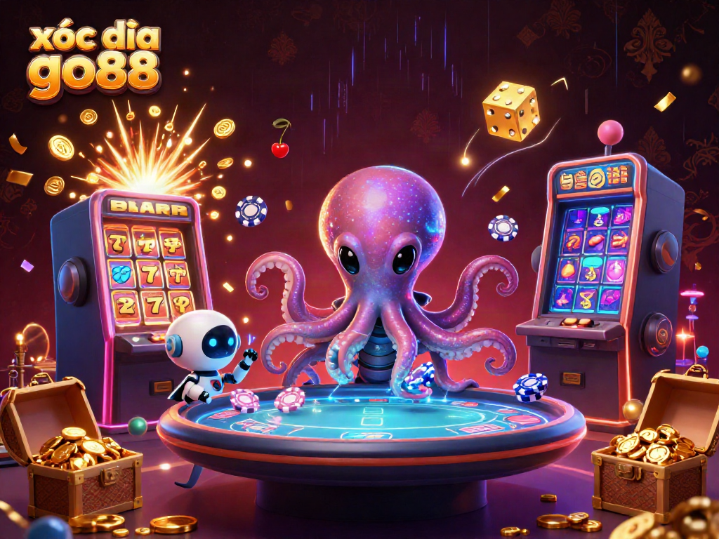 xóc đĩa go88 features a vibrant 3D alien octopus at a holographic poker table, surrounded by enchanting casino elements.